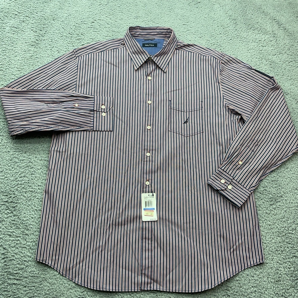 Nautica Button Up Shirt Mens XL Flare Red & Blue Striped Vintage Y2K Preppy NEW